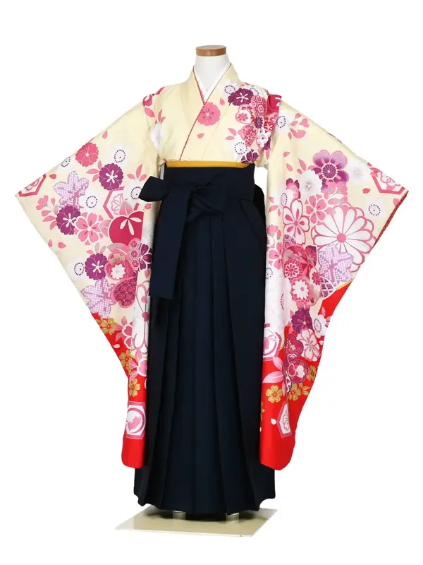女児袴レンタル 7歳女袴 クリーム色 赤 ピンク 牡丹 絵羽柄/紺袴