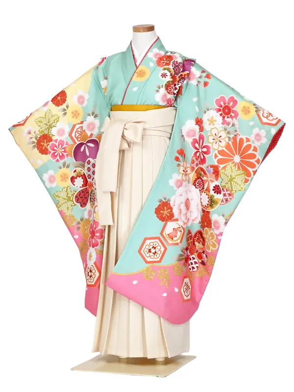 女児袴レンタル 7歳女袴 ミントアッシュ ピンク 金刺繍 牡丹/オフ白袴