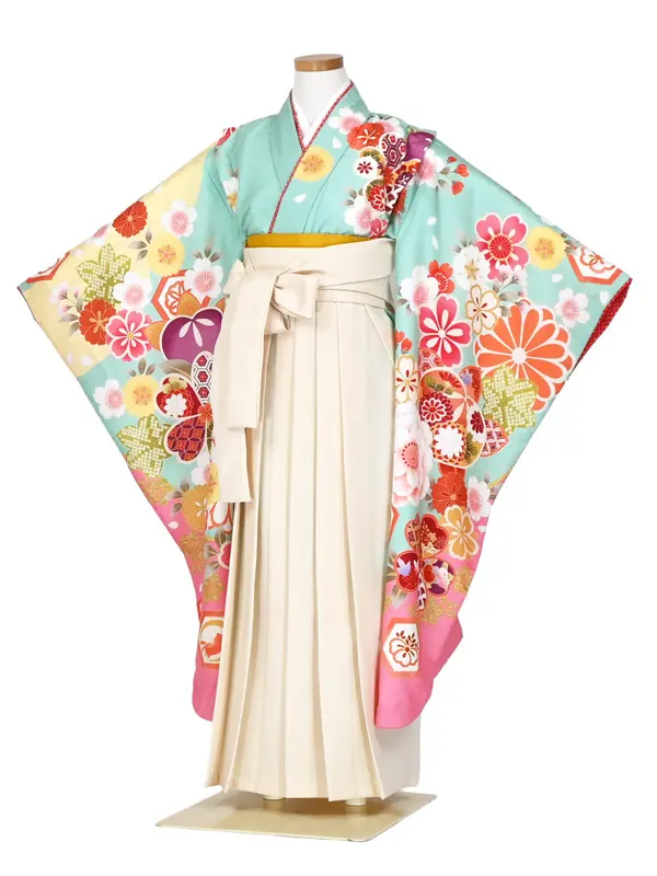 女児袴レンタル 7歳女袴 ミントアッシュ ピンク 金刺繍 牡丹/オフ白袴