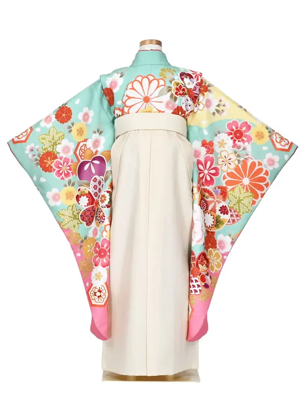 女児袴レンタル 7歳女袴 ミントアッシュ ピンク 金刺繍 牡丹/オフ白袴