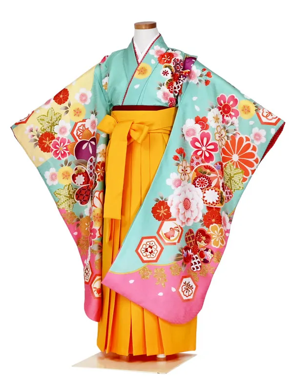 女児袴レンタル 7歳女袴 ミントアッシュ ピンク 金刺繍 牡丹/黄袴