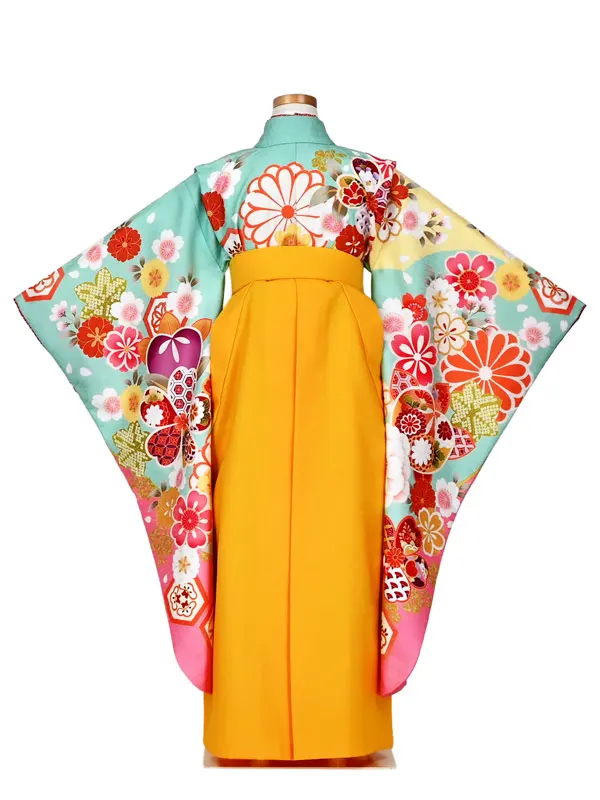 女児袴レンタル 7歳女袴 ミントアッシュ ピンク 金刺繍 牡丹/黄袴