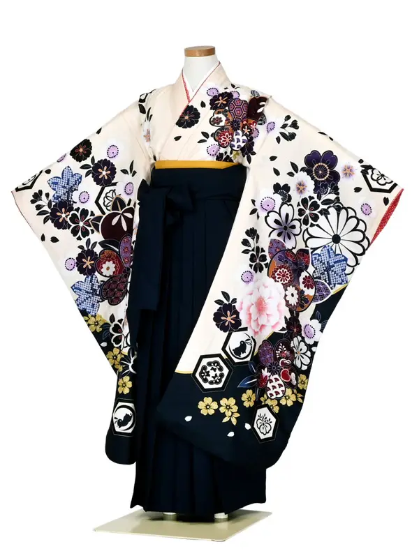 女児袴レンタル 7歳女袴 白 ネイビー 牡丹 絵羽柄/紺袴