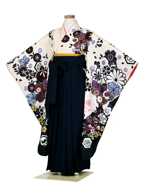女児袴レンタル 7歳女袴 白 ネイビー 牡丹 絵羽柄/紺袴