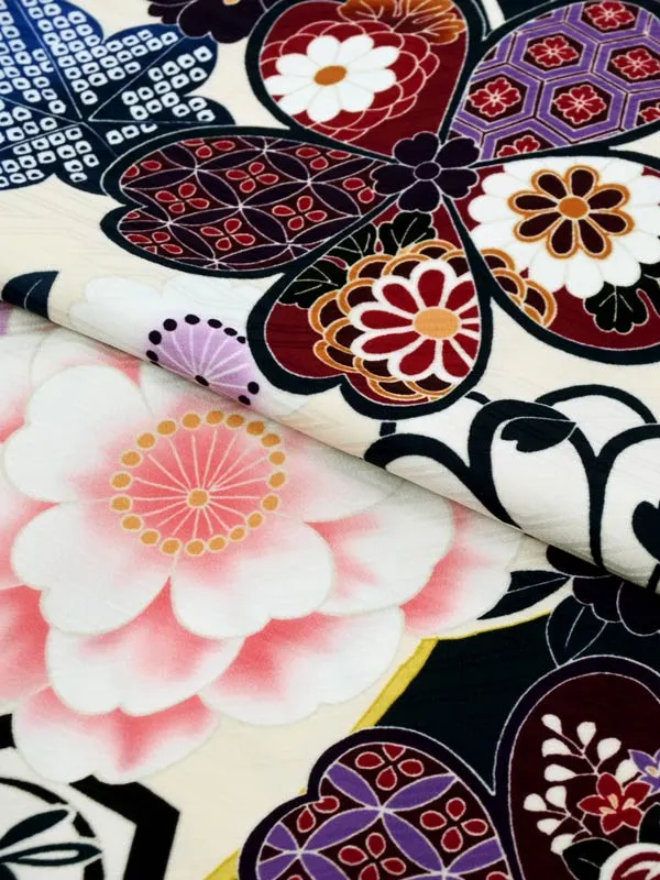 女児袴レンタル 7歳女袴 白 ネイビー 牡丹 絵羽柄/紺袴