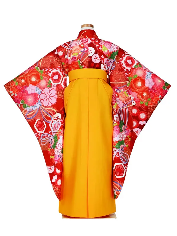 女児袴レンタル 7歳女袴 赤 桜 亀甲 紗綾形 椿/黄袴