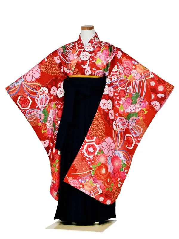 女児袴レンタル 7歳女袴 赤 桜 亀甲 紗綾形 椿/紺袴