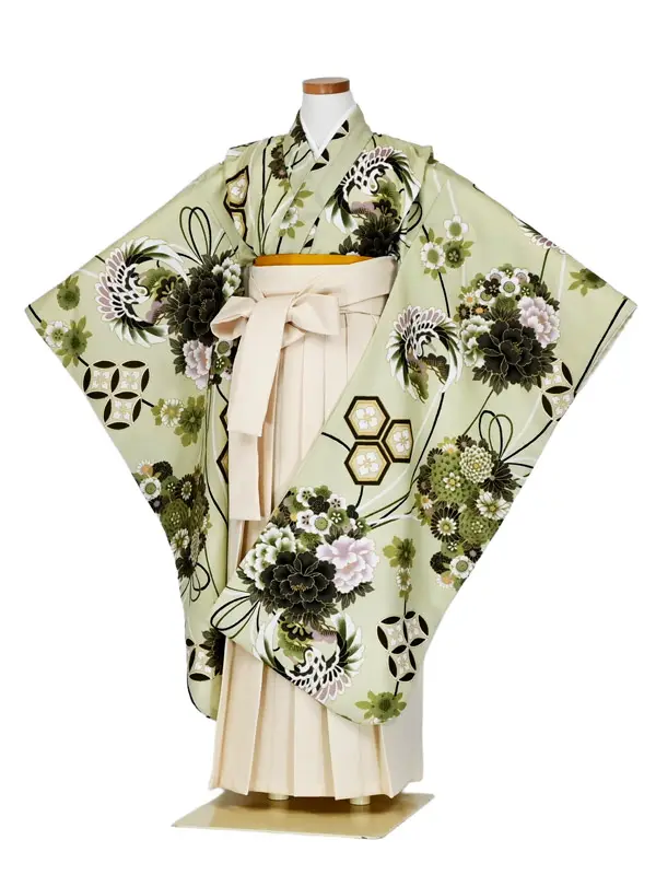 女児袴レンタル 7歳女袴 パステルグリーン 鶴 花玉 /オフ白袴