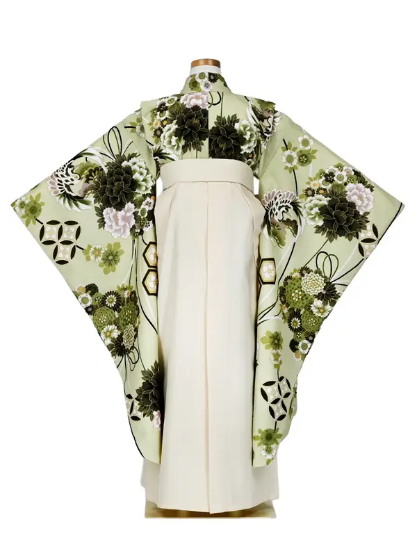 女児袴レンタル 7歳女袴 パステルグリーン 鶴 花玉 /オフ白袴