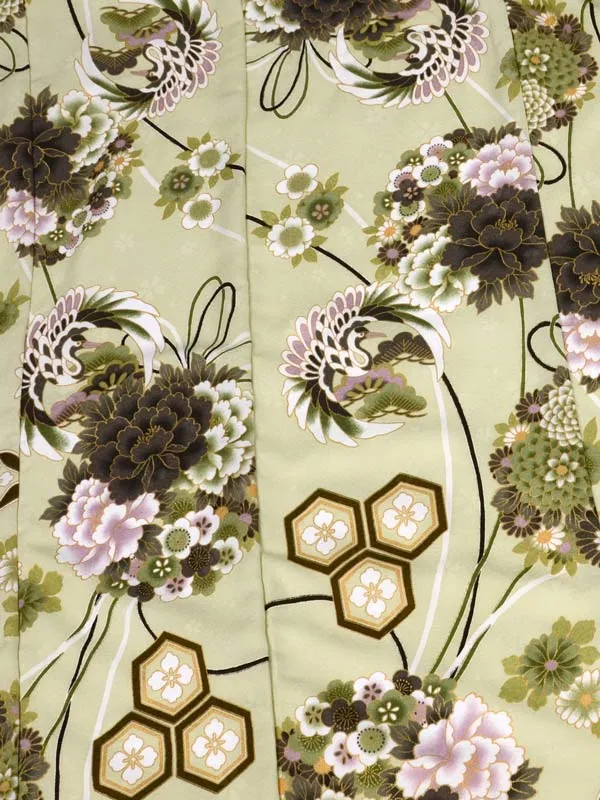 女児袴レンタル 7歳女袴 パステルグリーン 鶴 花玉 /オフ白袴