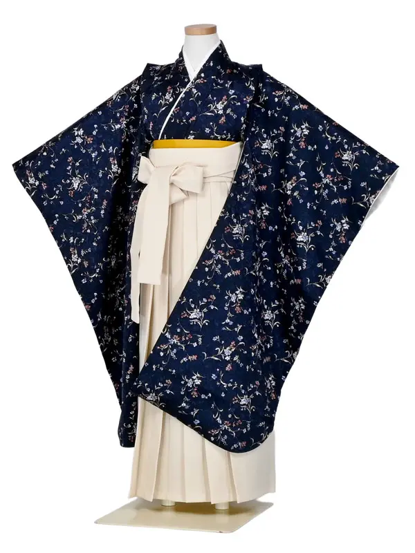 女児袴レンタル 7歳女袴 ネイビー小花柄 /オフ白袴