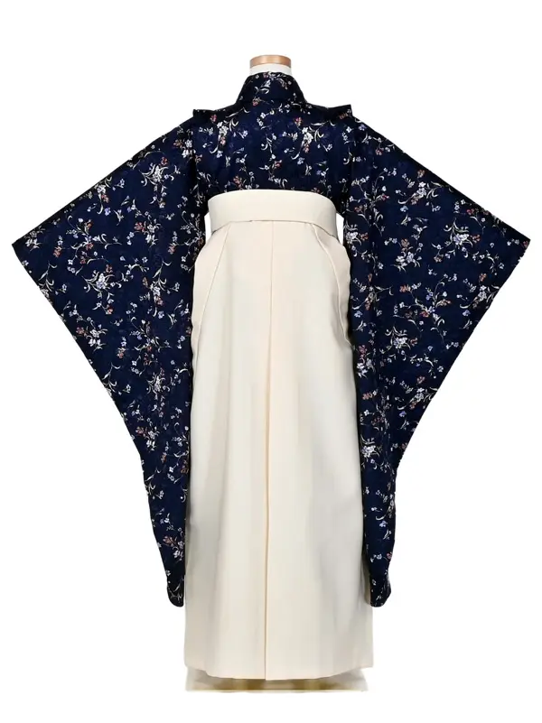 女児袴レンタル 7歳女袴 ネイビー小花柄 /オフ白袴