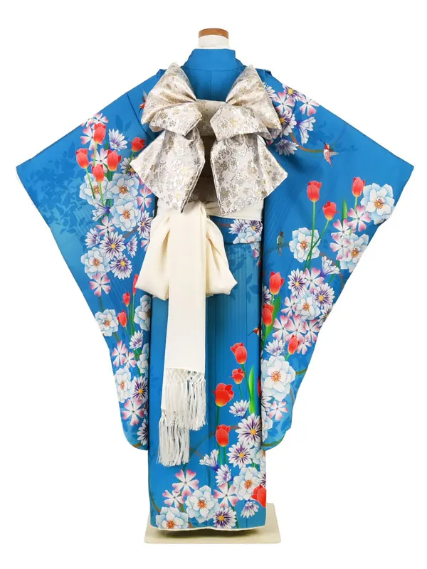 七五三レンタル 7歳女児(結び帯)  青 小鳥 チューリップ/白金帯 ことほぎ