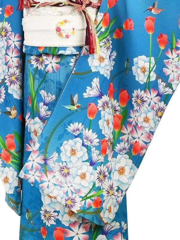 七五三レンタル 7歳女児(結び帯)  青 小鳥 チューリップ/白金帯 ことほぎ