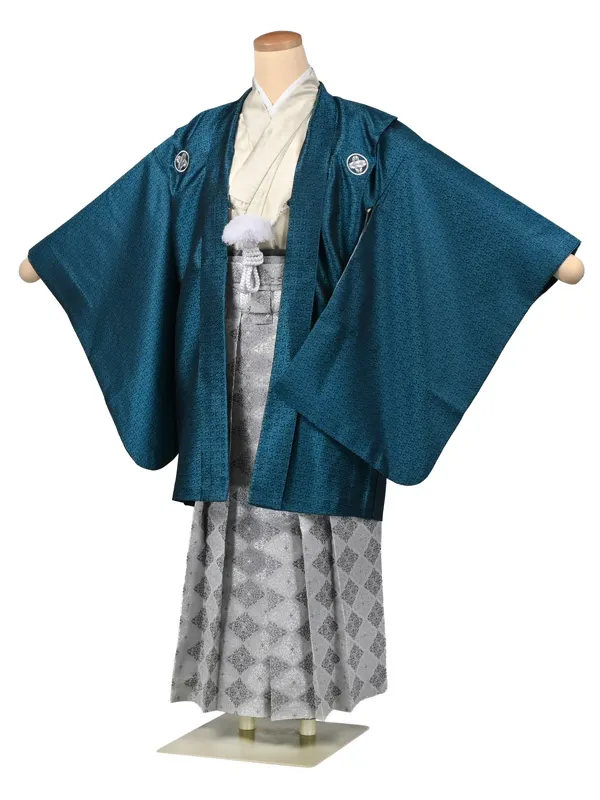 かんたん着付小学卒業式袴019 ｴﾒﾗﾙﾄﾞｸﾞﾘｰﾝ 菱 ｸﾞﾚｰｼﾙﾊﾞｰ袴