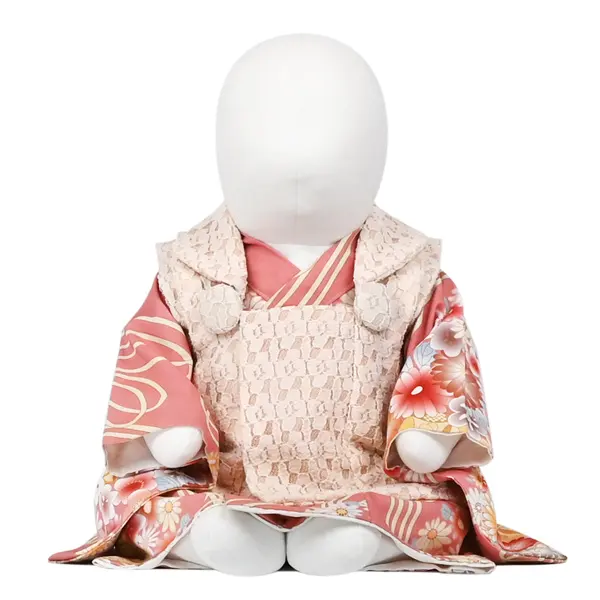 女児(100日～) ﾚｰｽ地 薄ｵﾚﾝｼﾞ/ ｻｰﾓﾝﾋﾟﾝｸ薬玉 ｾﾊﾟﾚｰﾄ