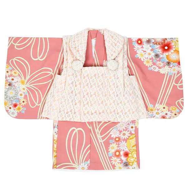 女児(100日～) ﾚｰｽ地 薄ｵﾚﾝｼﾞ/ ｻｰﾓﾝﾋﾟﾝｸ薬玉 ｾﾊﾟﾚｰﾄ