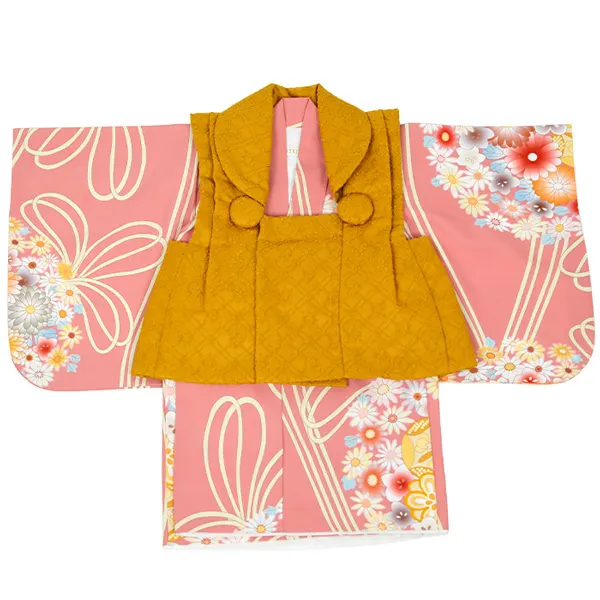 女児(100日～) 刺繍風 からし色 / ｻｰﾓﾝﾋﾟﾝｸ薬玉 ｾﾊﾟﾚｰﾄ