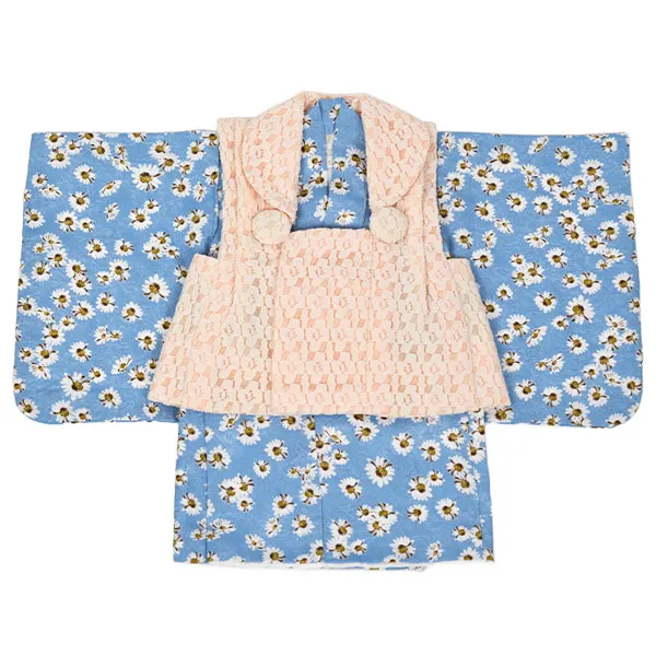 女児(100日～)ﾚｰｽ地 薄ｵﾚﾝｼﾞ/水色 ﾏｰｶﾞﾚｯﾄ小花 ｾﾊﾟﾚｰﾄ