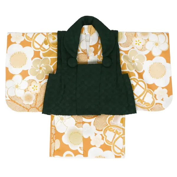 女児 ベビー(100日～) 刺繍風 緑/ からし色 桜かのこ 二部式