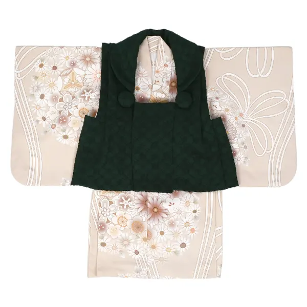 女児 ベビー(100日～) 刺繍風 緑/ ﾍﾞｰｼﾞｭ 花薬玉 ｾﾊﾟﾚｰﾄ