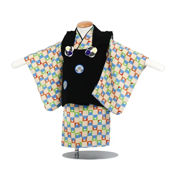 男児(1歳前後)ﾍﾞﾋﾞｰ着物054 ﾍﾞｰｼﾞｭ富士山ﾁｪｯｸ日の出 黒二部式