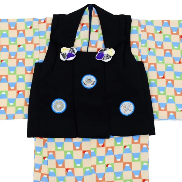 男児(1歳前後)ﾍﾞﾋﾞｰ着物054 ﾍﾞｰｼﾞｭ富士山ﾁｪｯｸ日の出 黒二部式