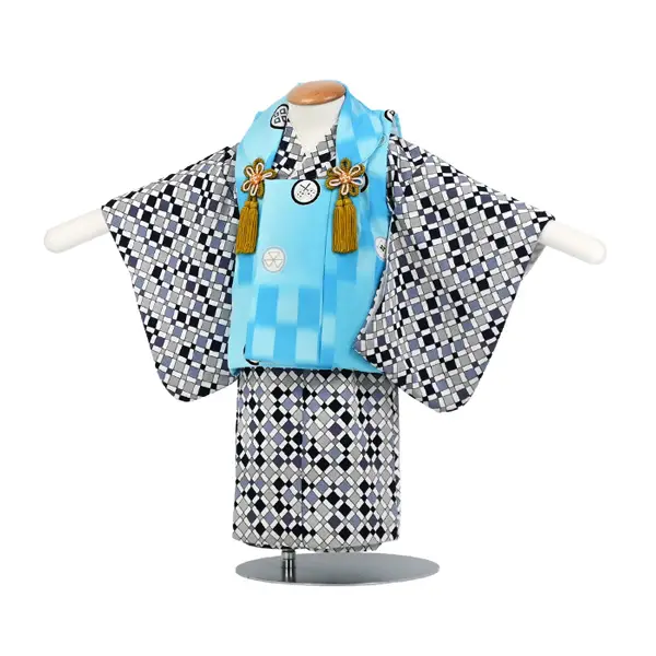 男児(1歳前後)ﾍﾞﾋﾞｰ着物055 黒×ｸﾞﾚｰ×紫 格子柄 水色 二部式