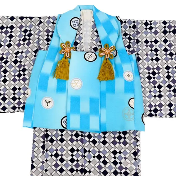 男児(1歳前後)ﾍﾞﾋﾞｰ着物055 黒×ｸﾞﾚｰ×紫 格子柄 水色 二部式
