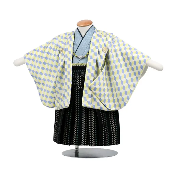 男児(1歳前後)ﾍﾞﾋﾞｰ着物057 羽織袴 黄青ｷｭｰﾌﾞ 黒袴 ｾﾊﾟﾚｰﾄ