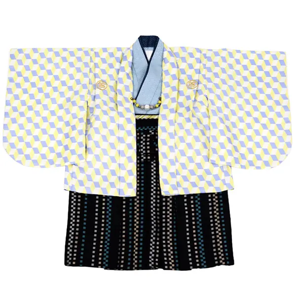 男児(1歳前後)ﾍﾞﾋﾞｰ着物057 羽織袴 黄青ｷｭｰﾌﾞ 黒袴 ｾﾊﾟﾚｰﾄ