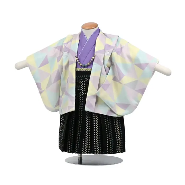 男児(1歳前後)ﾍﾞﾋﾞｰ着物058 羽織袴 ｽﾐﾚ色幾何学模様黒袴ｾﾊﾟﾚｰﾄ