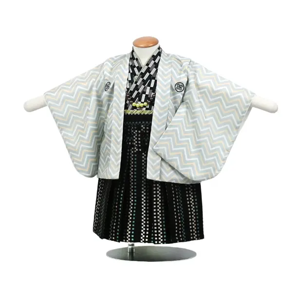 男児(1歳前後)ﾍﾞﾋﾞｰ着物059羽織袴 ｱｲｽｸﾞﾘｰﾝ 黒袴 ｾﾊﾟﾚｰﾄ