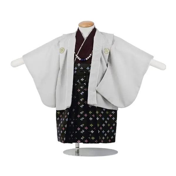 男児(1歳前後)ﾍﾞﾋﾞｰ着物060 羽織袴 薄ｸﾞﾚｰ/紫 黒袴 ｾﾊﾟﾚｰﾄ