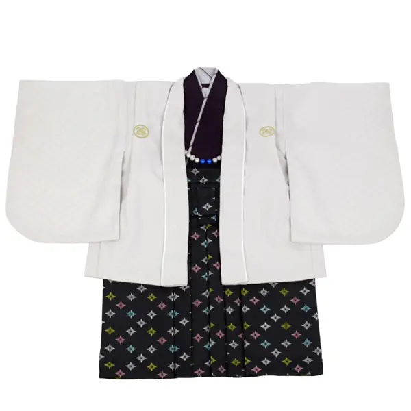 男児(1歳前後)ﾍﾞﾋﾞｰ着物060 羽織袴 薄ｸﾞﾚｰ/紫 黒袴 ｾﾊﾟﾚｰﾄ