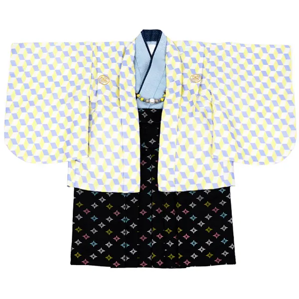 男児(1歳前後)ﾍﾞﾋﾞｰ着物061羽織袴 黄青ｷｭｰﾌﾞ黒袴 ｾﾊﾟﾚｰﾄ
