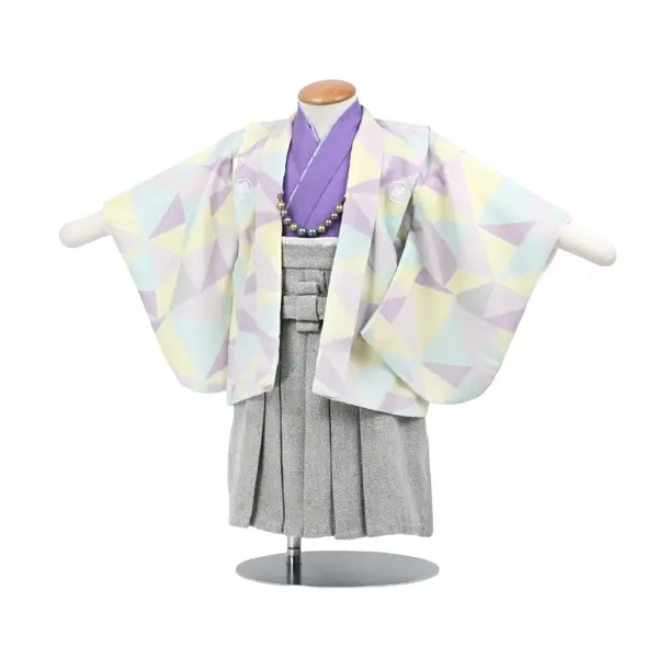 男児1歳前後ﾍﾞﾋﾞｰ066羽織袴ｽﾐﾚ色幾何学模様 ﾂｲｰﾄﾞ調袴ｾﾊﾟﾚｰﾄ