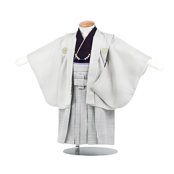 男児1歳前後ﾍﾞﾋﾞｰ068羽織袴薄ｸﾞﾚｰ/紫千鳥格子ｸﾞﾚｰ袴 ｾﾊﾟﾚｰﾄ