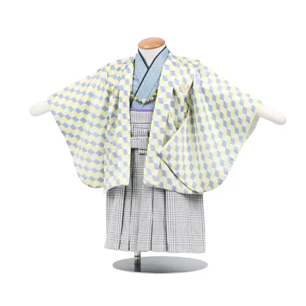 男児1歳前後ﾍﾞﾋﾞｰ070羽織袴黄青ｷｭｰﾌﾞ千鳥格子ｸﾞﾚｰ袴 ｾﾊﾟﾚｰﾄ