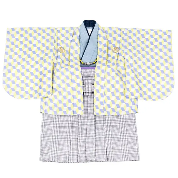 男児1歳前後ﾍﾞﾋﾞｰ070羽織袴黄青ｷｭｰﾌﾞ千鳥格子ｸﾞﾚｰ袴 ｾﾊﾟﾚｰﾄ