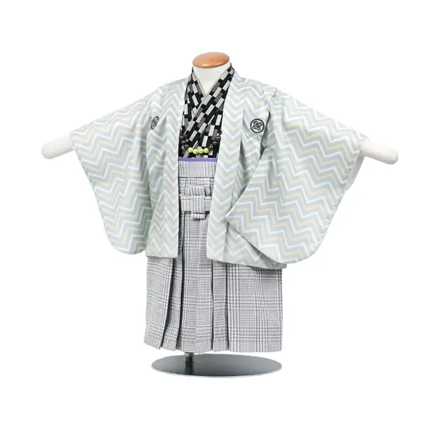 男児1歳前後071羽織袴ｱｲｽｸﾞﾘｰﾝ 千鳥格子ｸﾞﾚｰ袴 ｾﾊﾟﾚｰﾄ