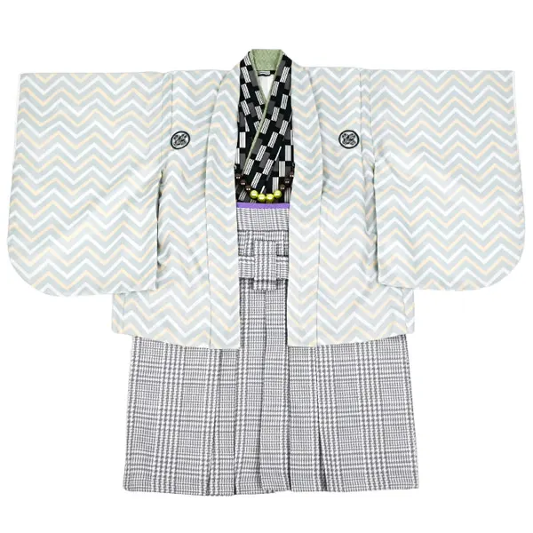 男児1歳前後071羽織袴ｱｲｽｸﾞﾘｰﾝ 千鳥格子ｸﾞﾚｰ袴 ｾﾊﾟﾚｰﾄ