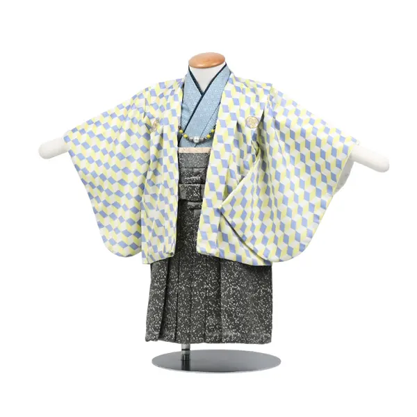 男児1歳前後074羽織袴黄青ｷｭｰﾌﾞ ｶｰｷﾓﾀﾞﾝ柄袴 ｾﾊﾟﾚｰﾄ