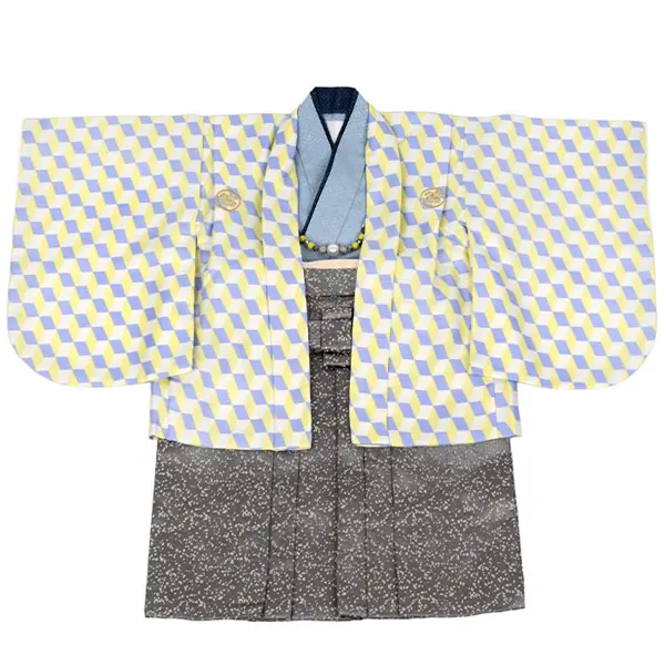 男児1歳前後074羽織袴黄青ｷｭｰﾌﾞ ｶｰｷﾓﾀﾞﾝ柄袴 ｾﾊﾟﾚｰﾄ