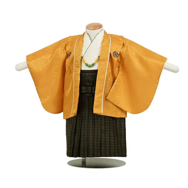 男児(1歳前後)ﾍﾞﾋﾞｰ着物 080 羽織袴 黄金色 紋付 茶袴 ｾﾊﾟﾚｰﾄ