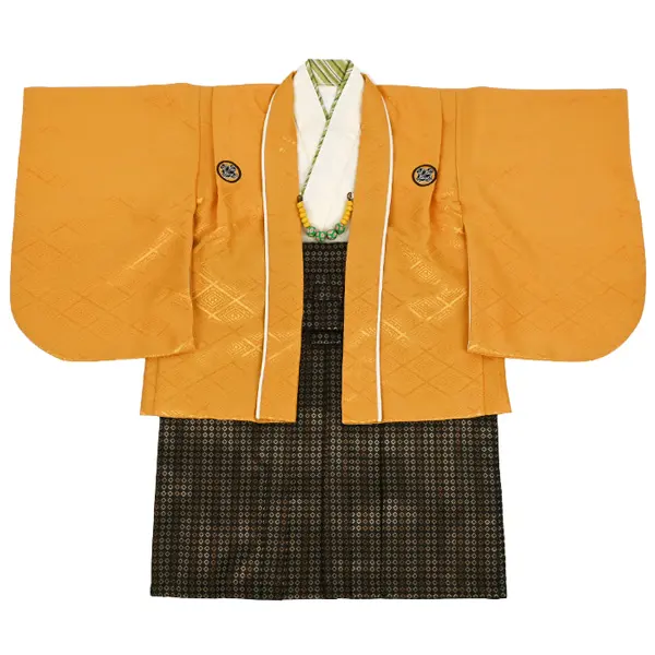 男児(1歳前後)ﾍﾞﾋﾞｰ着物 080 羽織袴 黄金色 紋付 茶袴 ｾﾊﾟﾚｰﾄ