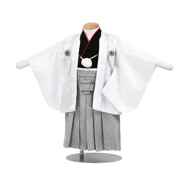 男児(1歳前後)ﾍﾞﾋﾞｰ083羽織袴白紋付ﾂｲｰﾄﾞ調ｸﾞﾚｰ袴 ｾﾊﾟﾚｰﾄ