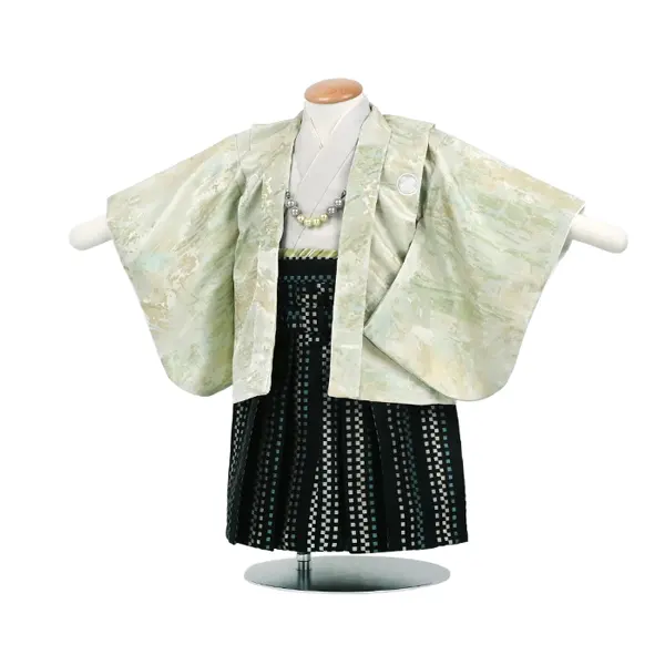 男児(1歳前後)ﾍﾞﾋﾞｰ086羽織袴 ﾊﾟｽﾃﾙｸﾞﾘｰﾝ 黒袴 ｾﾊﾟﾚｰﾄ