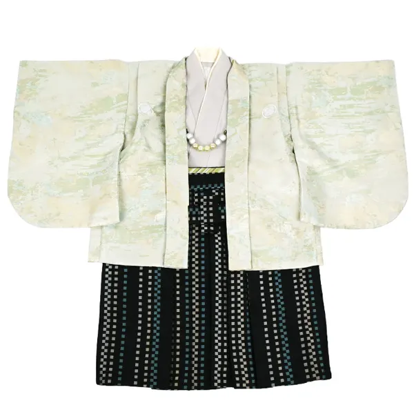 男児(1歳前後)ﾍﾞﾋﾞｰ086羽織袴 ﾊﾟｽﾃﾙｸﾞﾘｰﾝ 黒袴 ｾﾊﾟﾚｰﾄ