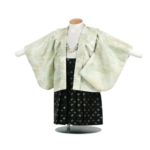 男児(1歳前後)ﾍﾞﾋﾞｰ087羽織袴 ﾊﾟｽﾃﾙｸﾞﾘｰﾝ 黒袴 ｾﾊﾟﾚｰﾄ